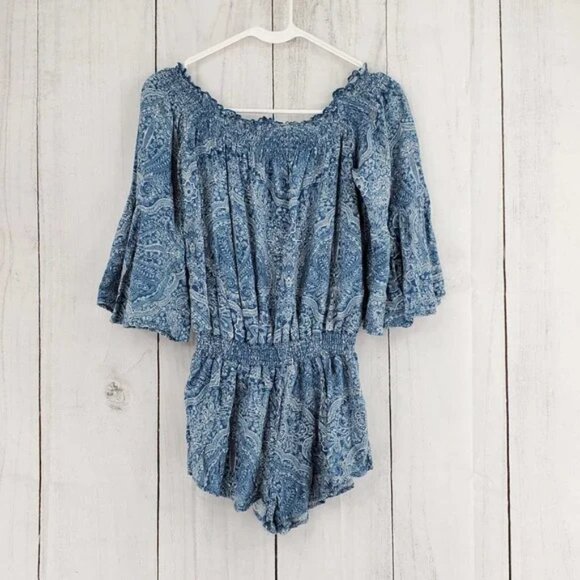 Rip Curl Everglow Small Smocked Off Shoulder Floral Bell Sleeve Waist Romper - Picture 4 of 4